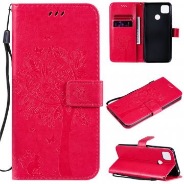 Xiaomi Redmi 9C Embossed Tree Cat Butterfly Wallet Stand Case Rose