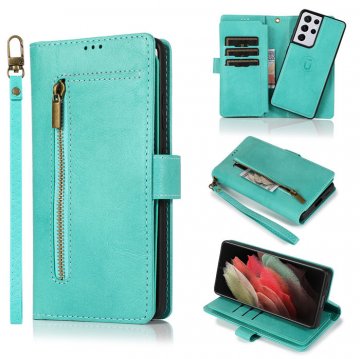 Zipper Pocket Wallet 9 Card Slots Stand For Samsung Case Green