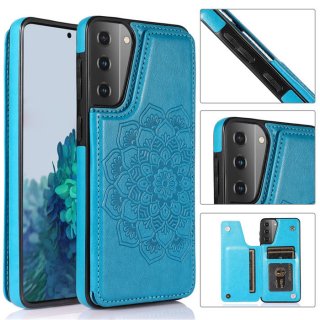 Mandala Embossed Samsung Galaxy S21 Case with Card Holder Blue