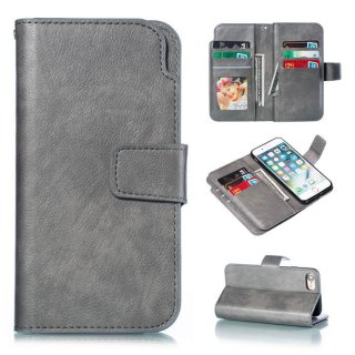 iPhone 7/8 Wallet 9 Card Slots Stand Crazy Horse Leather Case Gray
