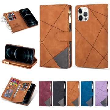 iPhone 12 Pro Max Color Splicing Lines Wallet Stand Case Brown