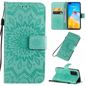 Huawei P40 Embossed Sunflower Wallet Stand Case Green