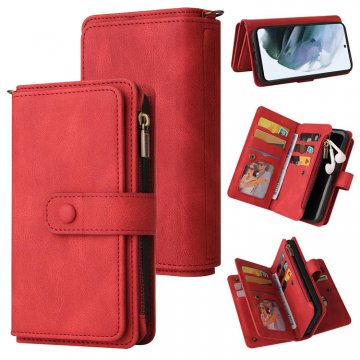 For Samsung Galaxy S21 FE Wallet 15 Card Slots Case with Wrist Strap Red