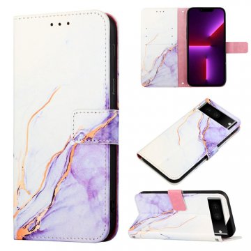 Marble Pattern Google Pixel 7 Wallet Stand Case White Purple