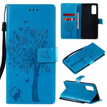 Samsung Galaxy S20 FE Embossed Tree Cat Butterfly Wallet Stand Case Blue