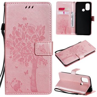 OnePlus Nord N100 Embossed Tree Cat Butterfly Wallet Stand Case Rose Gold