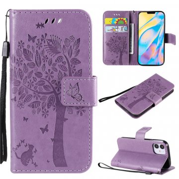 iPhone 12 Mini Embossed Tree Cat Butterfly Wallet Stand Case Lavender