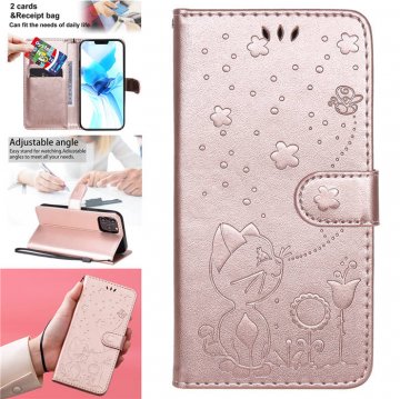 iPhone 12 Pro Embossed Cat Bee Wallet Magnetic Stand Case Rose Gold