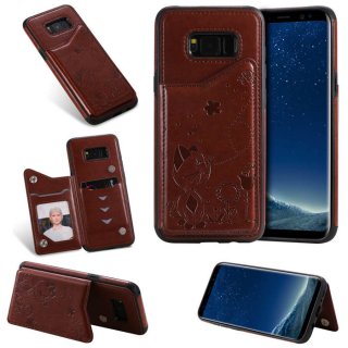 Samsung Galaxy S8 Plus Bee and Cat Card Slots Stand Cover Brown