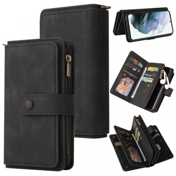 For Samsung Galaxy S21 Wallet 15 Card Slots Case with Wrist Strap Black
