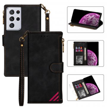 Samsung Galaxy S21/S21 Plus/S21 Ultra Zipper Wallet Magnetic Stitching Leather Case Black