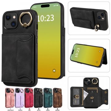 For iPhone 15 Card Holder Ring Kickstand PU Leather Case Black