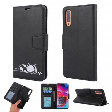 Samsung Galaxy A70 Cat Pattern Wallet Magnetic Stand Case Black