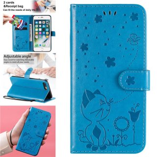 iPhone 7 Plus/8 Plus Embossed Cat Bee Wallet Stand Case Blue