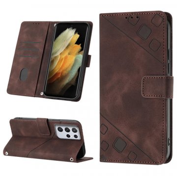 Skin-friendly Samsung Galaxy S21 Ultra Wallet Stand Case with Wrist Strap Coffee