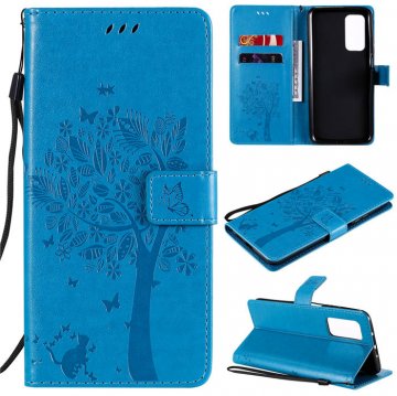 Xiaomi Mi 10T/10T Pro Embossed Tree Cat Butterfly Wallet Stand Case Blue