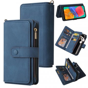 Samsung Galaxy M33 Wallet 15 Card Slots Case with Wrist Strap Blue