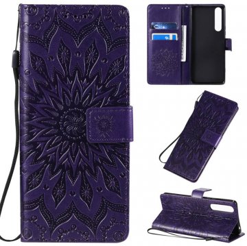 Sony Xperia 1 II Embossed Sunflower Wallet Stand Case Purple