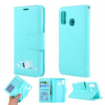 Samsung Galaxy A20e Cat Pattern Wallet Magnetic Stand Case Mint