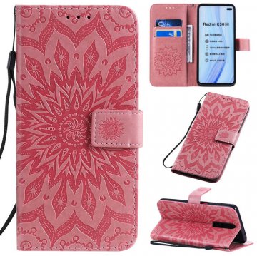 Xiaomi Redmi K30 Embossed Sunflower Wallet Stand Case Pink