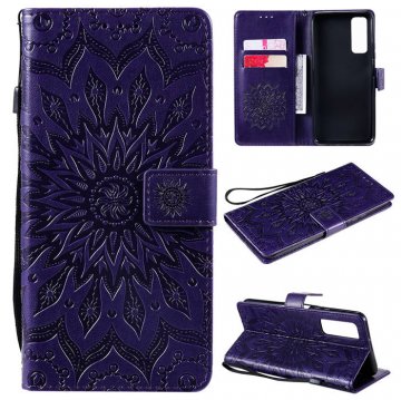Huawei P Smart 2021 Embossed Sunflower Wallet Magnetic Stand Case Purple