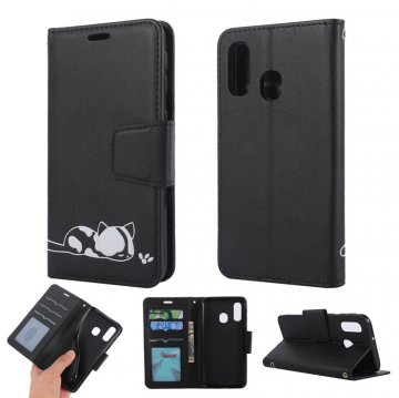 Samsung Galaxy A40 Cat Pattern Wallet Magnetic Stand Case Black