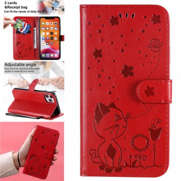 iPhone 11 Pro Max Embossed Cat Bee Wallet Magnetic Stand Case Red