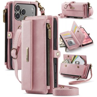 CaseMe iPhone 17 Pro Max Crossbody Wallet Case with RFID Blocking & Wireless Charging Pink