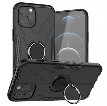 iPhone 12 Pro Max Hybrid Rugged PC + TPU Ring Kickstand Case Black