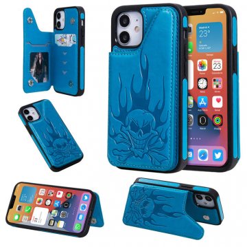 iPhone 12 Mini Embossed Skull Magnetic Clasp Wallet Stand Case Blue