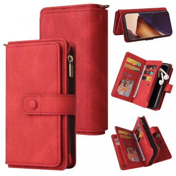 For Samsung Galaxy Note 20 Ultra Wallet 15 Card Slots Case with Wrist Strap Red