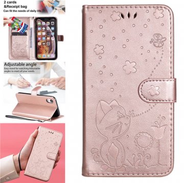 iPhone XR Embossed Cat Bee Wallet Magnetic Stand Case Rose Gold