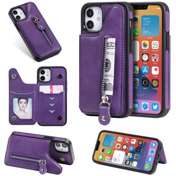 iPhone 12 Zipper Pocket Card Slots Magnetic Clasp Stand Case Purple