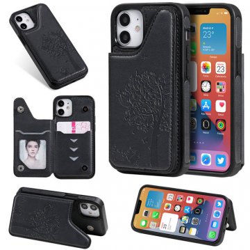 iPhone 12 Luxury Tree and Cat Magnetic Card Slots Stand Cover Black