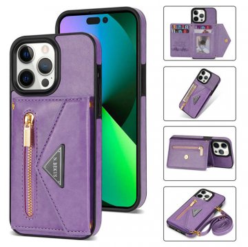Crossbody Zipper Wallet iPhone 14 Pro Max Case With Strap Purple
