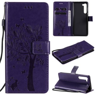 Motorola Edge Embossed Tree Cat Butterfly Wallet Stand Case Purple