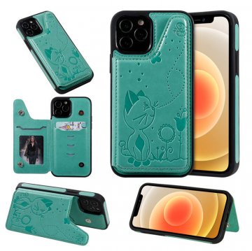 iPhone 12 Pro Luxury Bee and Cat Magnetic Card Slots Stand Cover Green