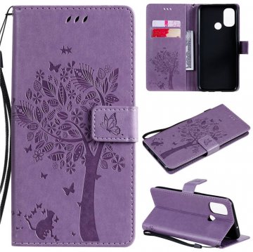 OnePlus Nord N100 Embossed Tree Cat Butterfly Wallet Stand Case Lavender