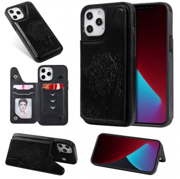 iPhone 12 Pro Max Embossed Tree Cat Magnetic Clasp Wallet Stand Case Black