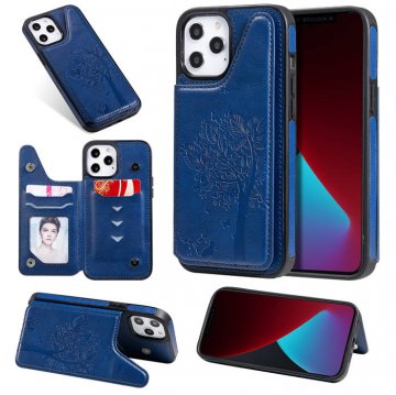 iPhone 12 Pro Max Luxury Tree and Cat Magnetic Card Slots Stand Cover Blue
