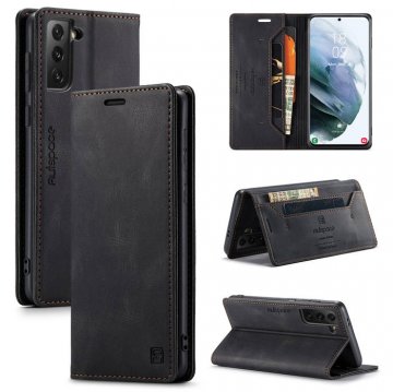 Autspace Samsung Galaxy S21 Wallet Kickstand Magnetic Shockproof Case Black