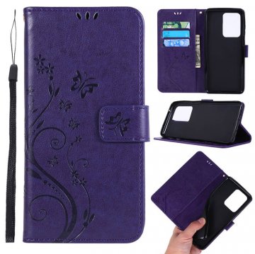 Samsung Galaxy S20 Ultra Butterfly Pattern Wallet Magnetic Stand Case Purple