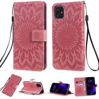 iPhone 11 Embossed Sunflower Wallet Stand Case Pink