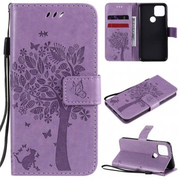 Google Pixel 5 Embossed Tree Cat Butterfly Wallet Stand Case Lavender