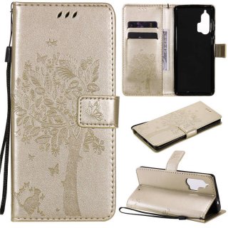 Motorola Edge Plus Embossed Tree Cat Butterfly Wallet Stand Case Gold