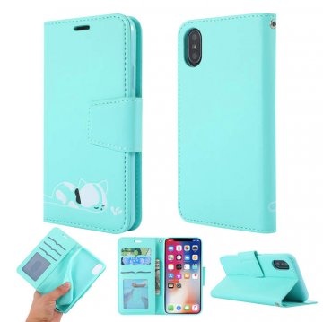 iPhone XS/X Cat Pattern Wallet Magnetic Stand PU Leather Case Mint