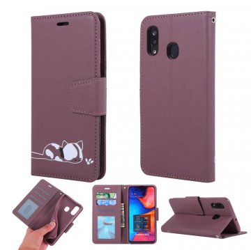 Samsung Galaxy A20 Cat Pattern Wallet Magnetic Stand Case Brown