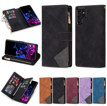 Samsung Galaxy S22 Ultra Color Splicing Lines Wallet Case Black