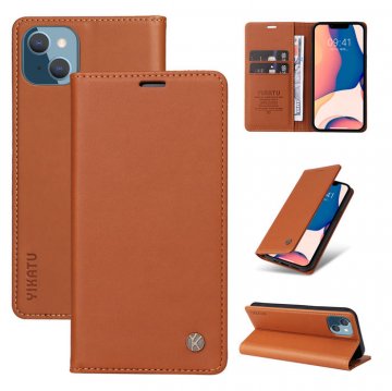 YIKATU iPhone 14 Plus Wallet Kickstand Magnetic Case Brown