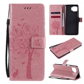 Motorola Moto G 5G Plus Embossed Tree Cat Butterfly Wallet Stand Case Pink